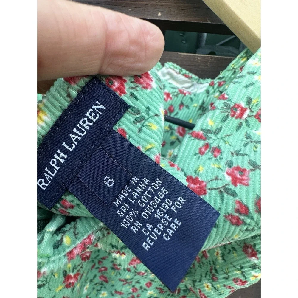 Vtg Y2K Girls Ralph Lauren Green Corduroy Floral‎ Back Tie Dress Sz 6